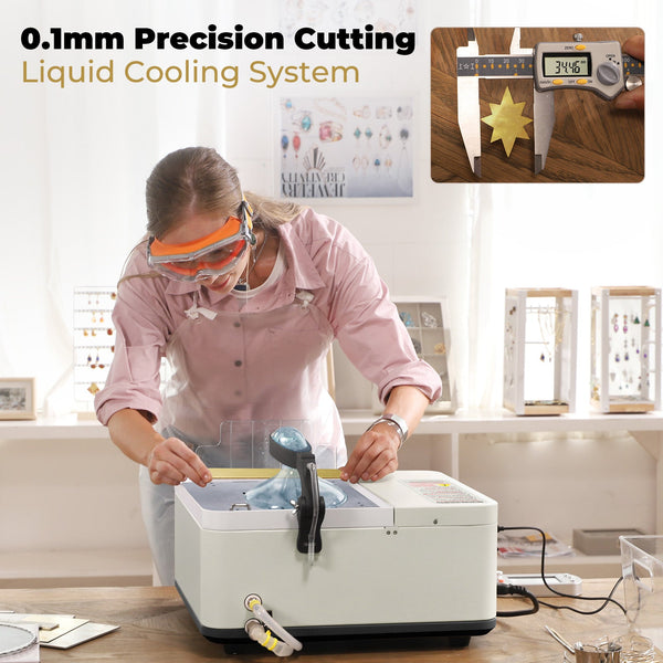 User measuring a workpiece cut on the ToAuto smart metal cutting saw, showing its 0.1mm precision cutting accuracy
