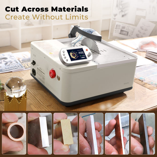 ToAuto smart metal cutting saw slicing copper, brass, aluminum and steel, showing versatile multi-metal cutting ability