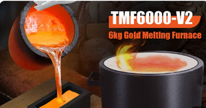 TMF6000-V2 6 kg gold melting furnace graphic with molten metal pouring into an ingot mold