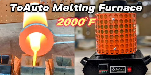 ToAuto melting furnace labeled 2000°F beside molten metal pouring into a rectangular mold