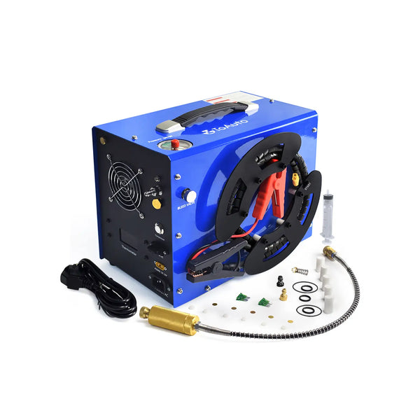 Blue and black electronic device with various components on a white background