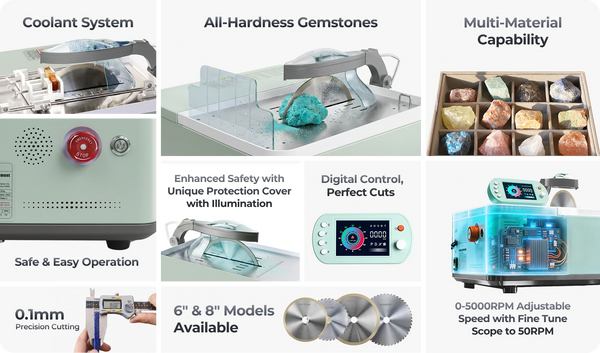 Professional smart cutting machine with advanced coolant system cutting a corundum (hardness 9), featuring illuminated protective cover for precision engineering and industrial safety compliance.