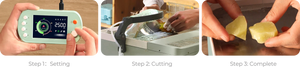 The image shows the three steps of a smart cutting machine cutting gemstones.