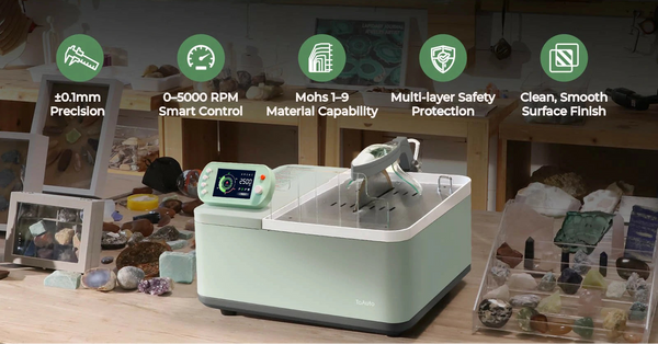 ToAuto intelligent gem cutting machine placed in bright maker workshop, precision equipment for cutting gemstones, glass, stone and metal materials.